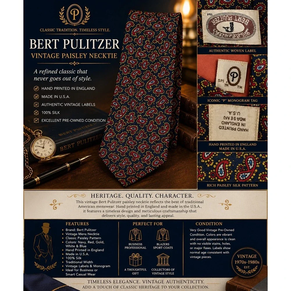 Vintage 1970s-80s Bert Pulitzer Paisley Necktie Navy Red Hand Printed England
